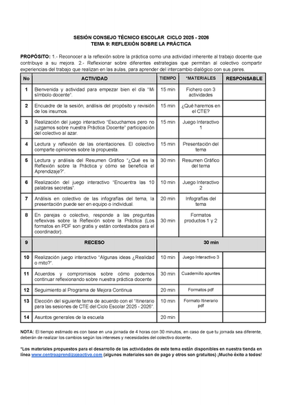Propuesta Orden del Día Tema 9: REFLEXIÓN SOBRE LA PRÁCTICA (Editable en Word)