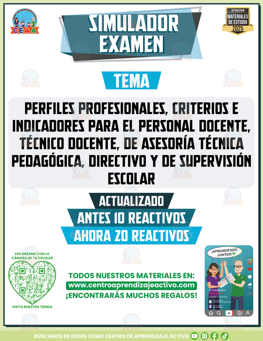 Simulador de Examen Perfiles profesionales, criterios e indicadores para el personal docente, técnico docente, de asesoría técnica pedagógica, directivo y de supervisión escolar en PDF