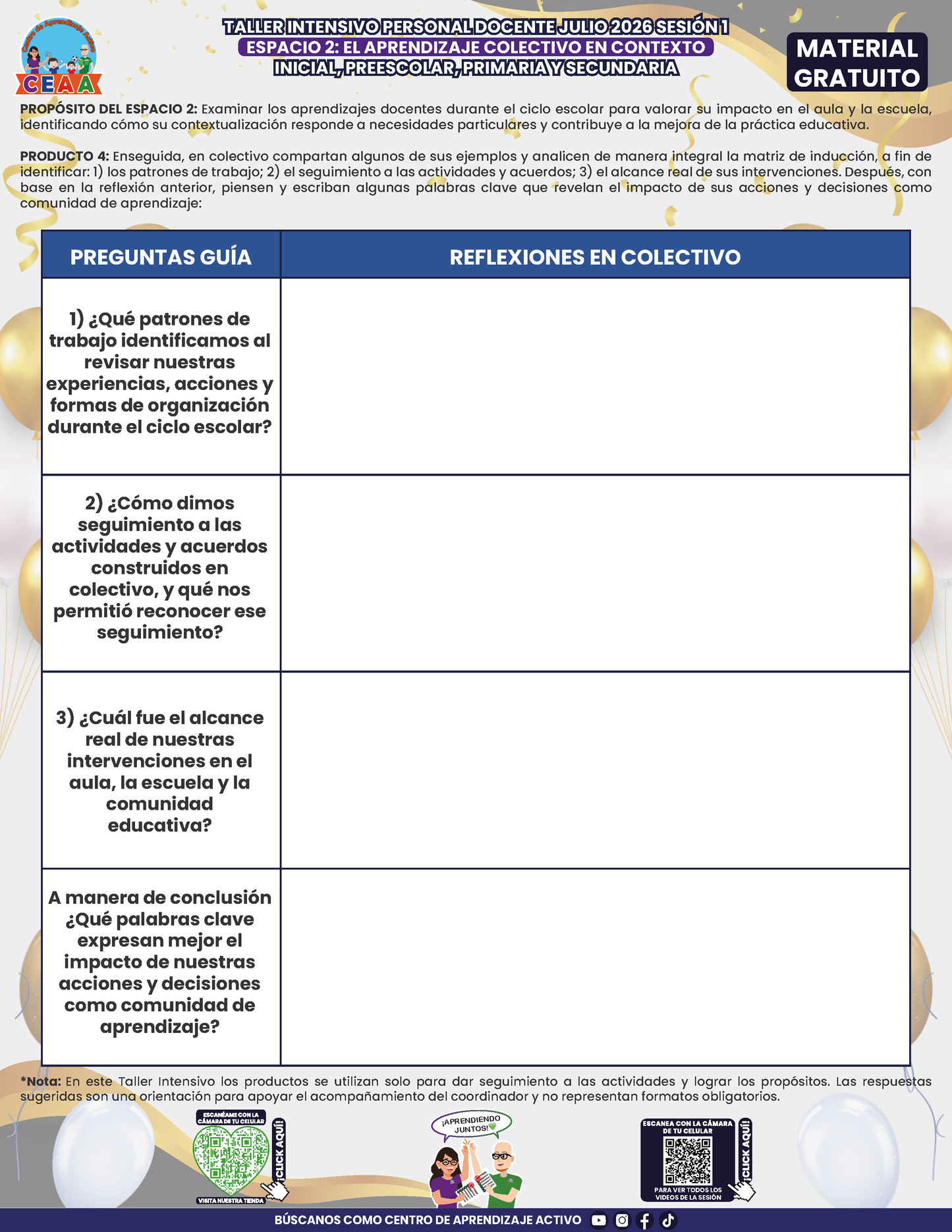 Formato de Productos para tu Taller Intensivo Sesión 1 Espacios 1 y 2 Julio 2026 en PDF
