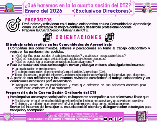 Infografía ¿Qué haremos en la 4° Sesión CTE? Directivos y Supervisores Enero 2026