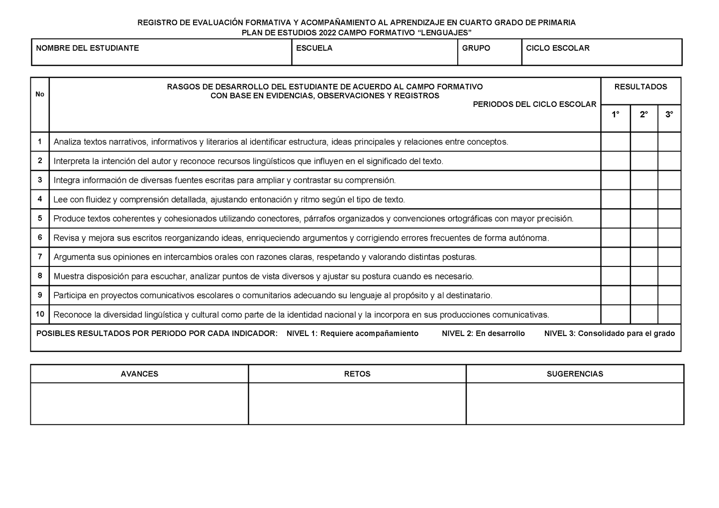 REGISTRO DE EVALUACIÓN FORMATIVA Y ACOMPAÑAMIENTO AL APRENDIZAJE EN CUARTO GRADO DE PRIMARIA (Editable en Word)