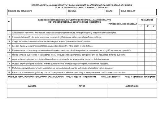 REGISTRO DE EVALUACIÓN FORMATIVA Y ACOMPAÑAMIENTO AL APRENDIZAJE EN CUARTO GRADO DE PRIMARIA (Editable en Word)