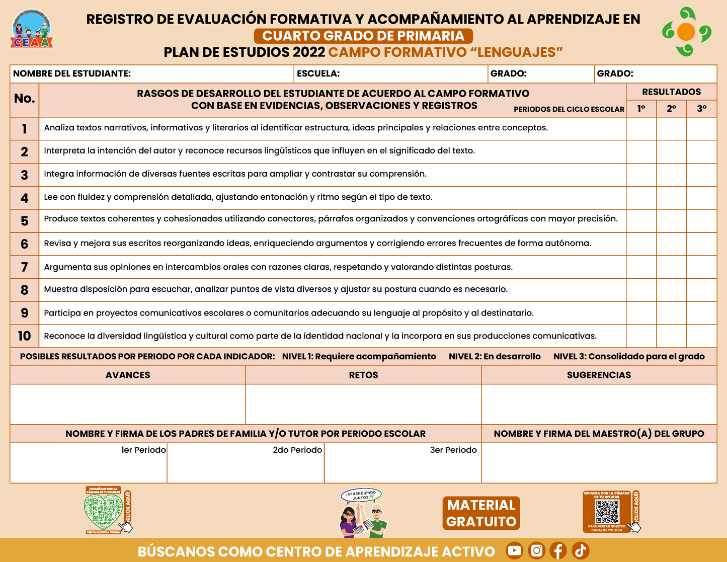 REGISTRO DE EVALUACIÓN FORMATIVA Y ACOMPAÑAMIENTO AL APRENDIZAJE EN CUARTO GRADO DE PRIMARIA En PDF