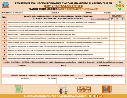 REGISTRO DE EVALUACIÓN FORMATIVA Y ACOMPAÑAMIENTO AL APRENDIZAJE EN CUARTO GRADO DE PRIMARIA En PDF