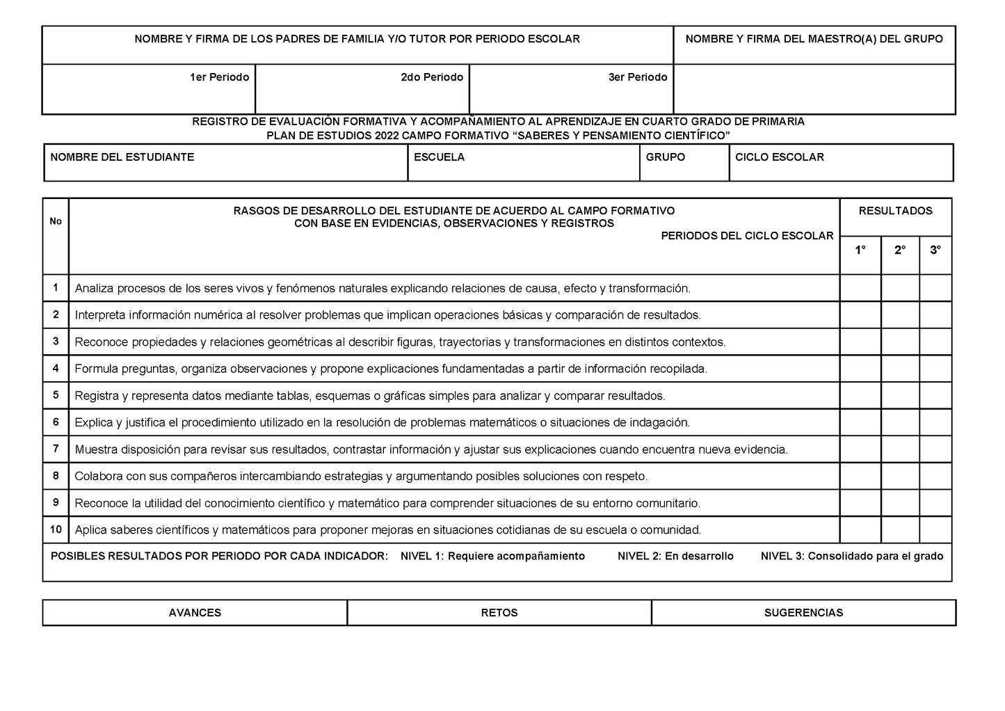 REGISTRO DE EVALUACIÓN FORMATIVA Y ACOMPAÑAMIENTO AL APRENDIZAJE EN CUARTO GRADO DE PRIMARIA (Editable en Word)