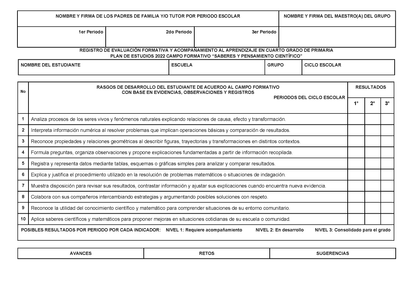 REGISTRO DE EVALUACIÓN FORMATIVA Y ACOMPAÑAMIENTO AL APRENDIZAJE EN CUARTO GRADO DE PRIMARIA (Editable en Word)