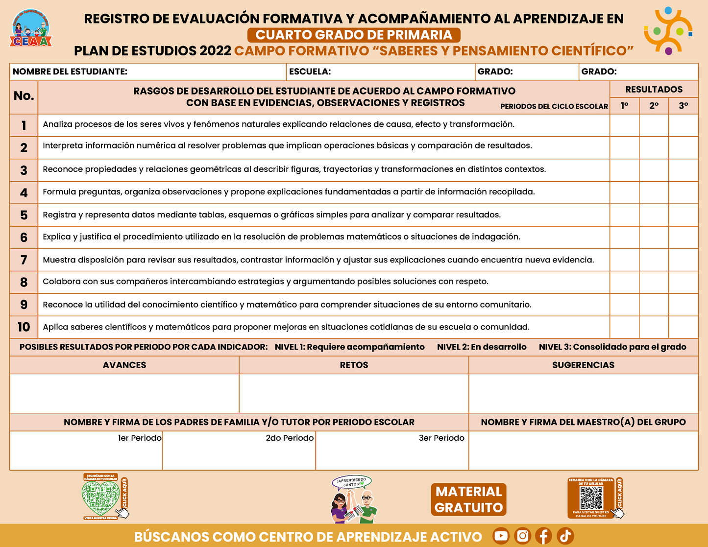 REGISTRO DE EVALUACIÓN FORMATIVA Y ACOMPAÑAMIENTO AL APRENDIZAJE EN CUARTO GRADO DE PRIMARIA En PDF