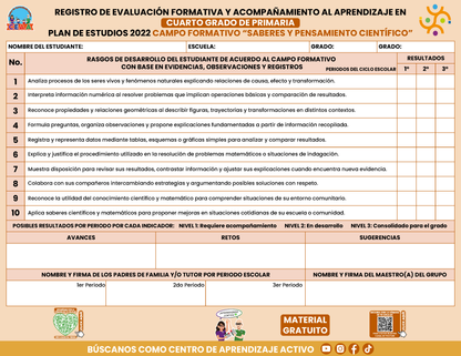 REGISTRO DE EVALUACIÓN FORMATIVA Y ACOMPAÑAMIENTO AL APRENDIZAJE EN CUARTO GRADO DE PRIMARIA En PDF