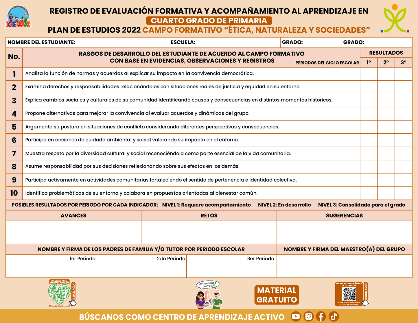 REGISTRO DE EVALUACIÓN FORMATIVA Y ACOMPAÑAMIENTO AL APRENDIZAJE EN CUARTO GRADO DE PRIMARIA en PDF