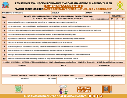 REGISTRO DE EVALUACIÓN FORMATIVA Y ACOMPAÑAMIENTO AL APRENDIZAJE EN CUARTO GRADO DE PRIMARIA En PDF