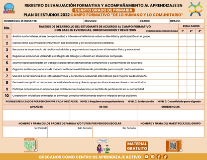 REGISTRO DE EVALUACIÓN FORMATIVA Y ACOMPAÑAMIENTO AL APRENDIZAJE EN CUARTO GRADO DE PRIMARIA en PDF
