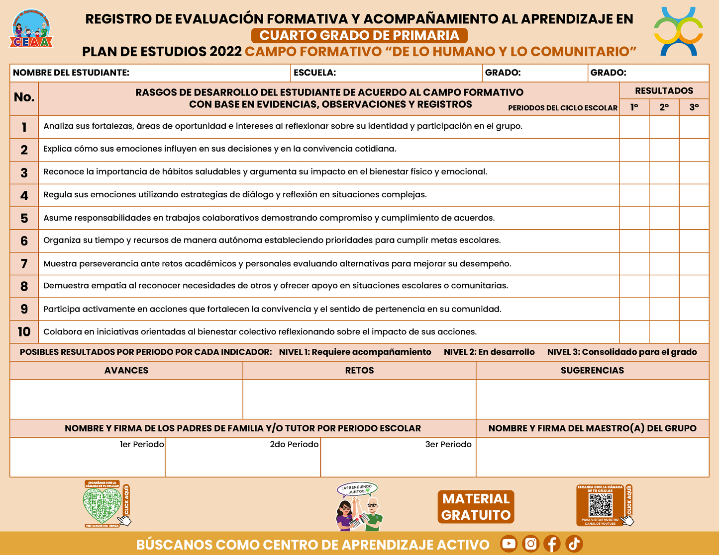REGISTRO DE EVALUACIÓN FORMATIVA Y ACOMPAÑAMIENTO AL APRENDIZAJE EN CUARTO GRADO DE PRIMARIA En PDF