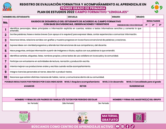REGISTRO DE EVALUACIÓN FORMATIVA Y ACOMPAÑAMIENTO AL APRENDIZAJE EN PRIMER GRADO DE PRIMARIA en PDF
