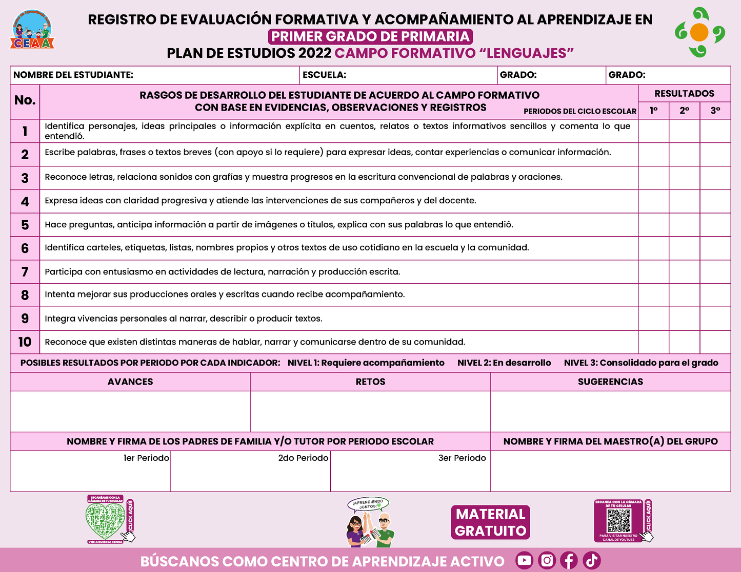 REGISTRO DE EVALUACIÓN FORMATIVA Y ACOMPAÑAMIENTO AL APRENDIZAJE EN PRIMER GRADO DE PRIMARIA En PDF