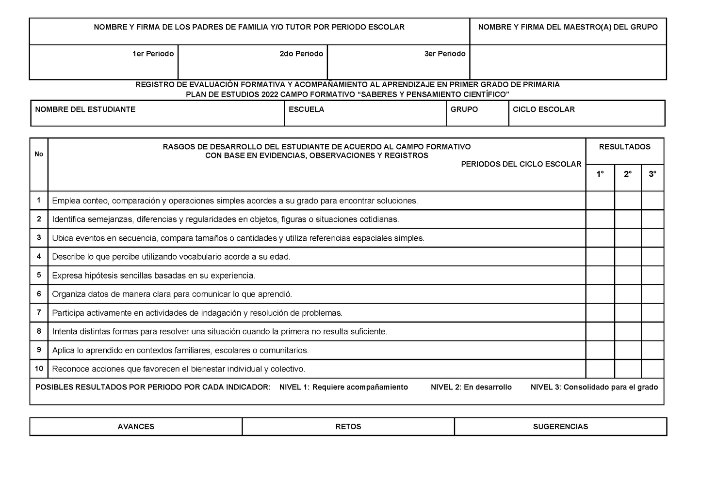 REGISTRO DE EVALUACIÓN FORMATIVA Y ACOMPAÑAMIENTO AL APRENDIZAJE EN PRIMER GRADO DE PRIMARIA (Editable en Word)