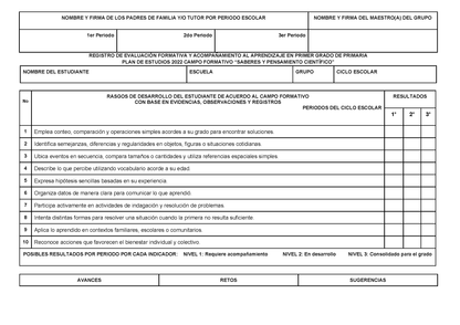 REGISTRO DE EVALUACIÓN FORMATIVA Y ACOMPAÑAMIENTO AL APRENDIZAJE EN PRIMER GRADO DE PRIMARIA (Editable en Word)