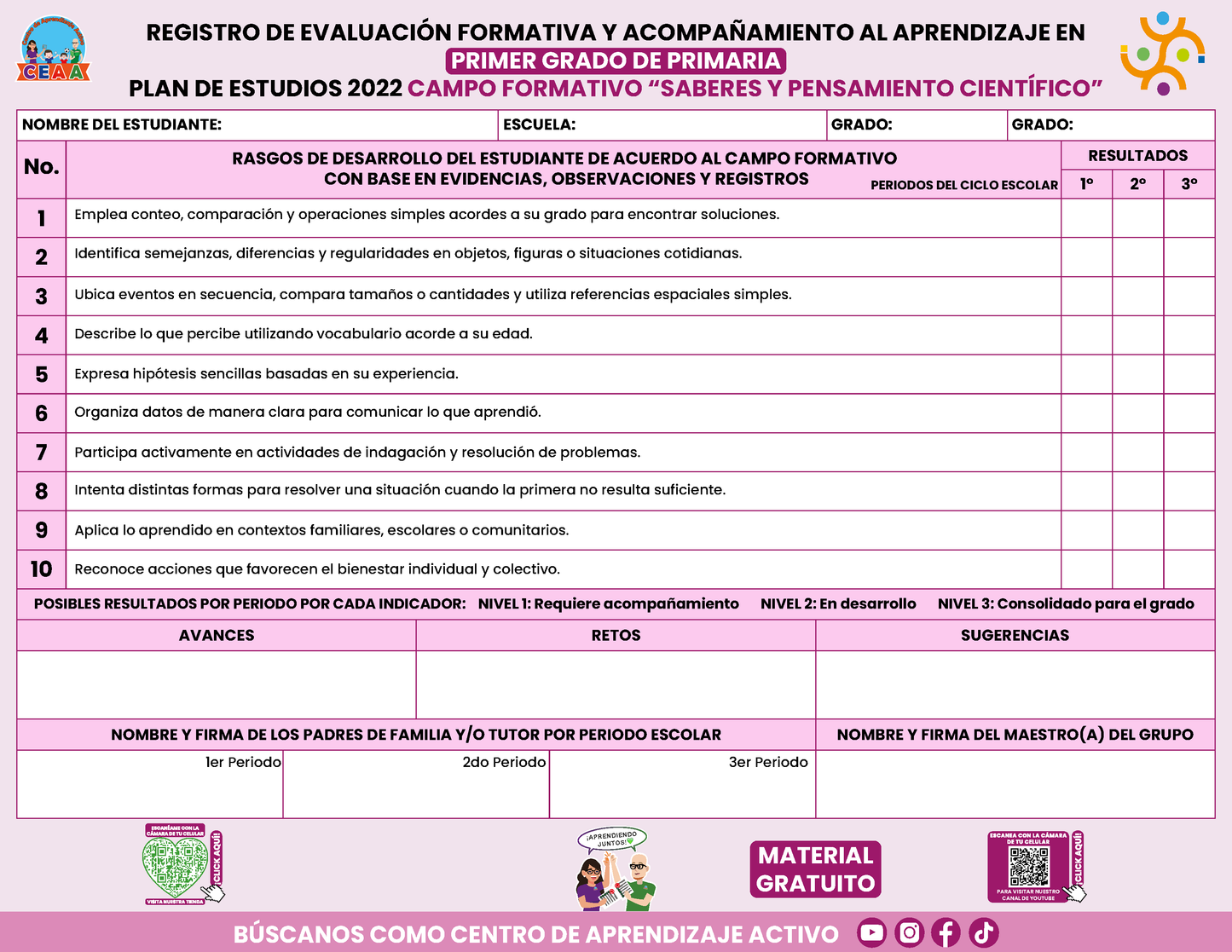 REGISTRO DE EVALUACIÓN FORMATIVA Y ACOMPAÑAMIENTO AL APRENDIZAJE EN PRIMER GRADO DE PRIMARIA En PDF