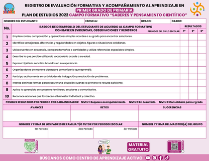 REGISTRO DE EVALUACIÓN FORMATIVA Y ACOMPAÑAMIENTO AL APRENDIZAJE EN PRIMER GRADO DE PRIMARIA En PDF