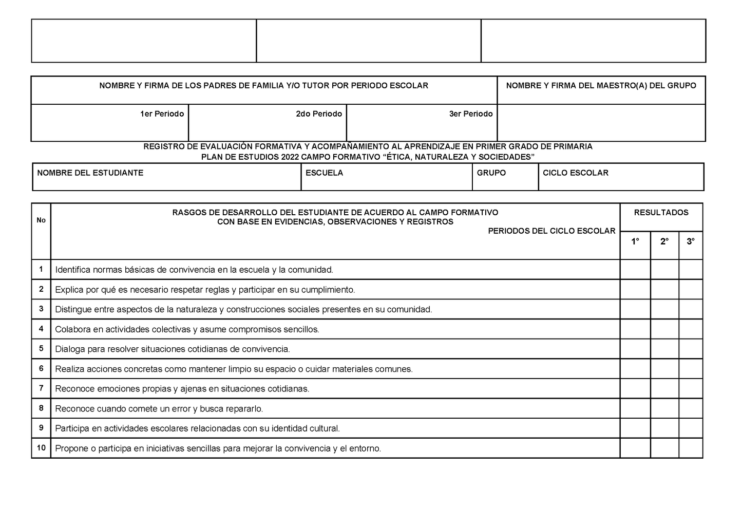 REGISTRO DE EVALUACIÓN FORMATIVA Y ACOMPAÑAMIENTO AL APRENDIZAJE EN PRIMER GRADO DE PRIMARIA (Editable en Word)