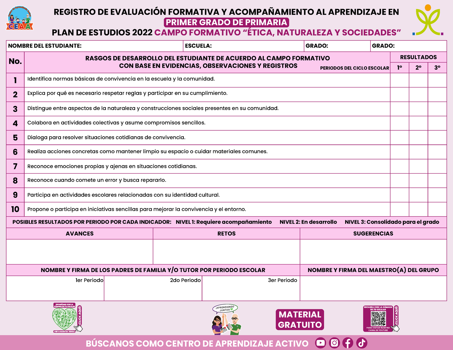 REGISTRO DE EVALUACIÓN FORMATIVA Y ACOMPAÑAMIENTO AL APRENDIZAJE EN PRIMER GRADO DE PRIMARIA en PDF
