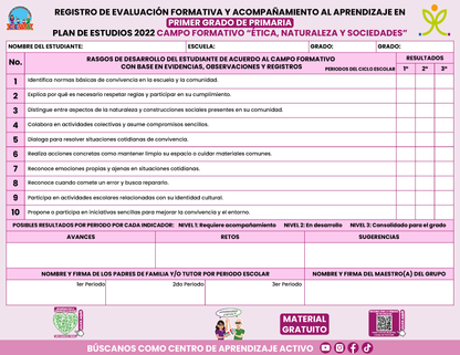 REGISTRO DE EVALUACIÓN FORMATIVA Y ACOMPAÑAMIENTO AL APRENDIZAJE EN PRIMER GRADO DE PRIMARIA en PDF