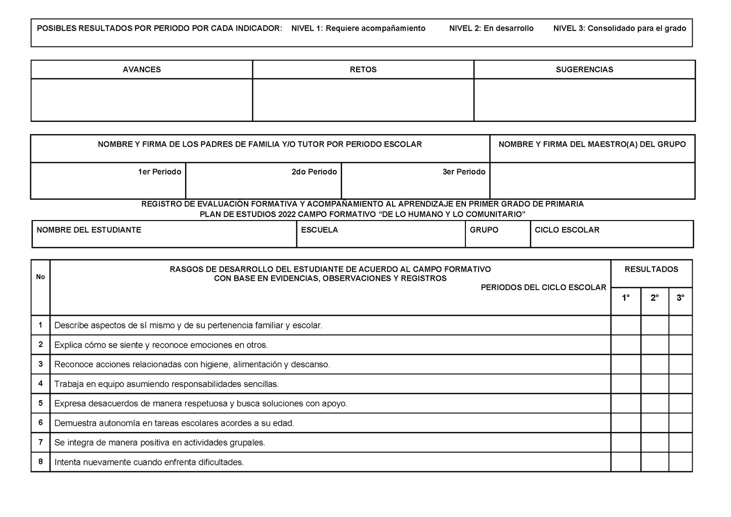 REGISTRO DE EVALUACIÓN FORMATIVA Y ACOMPAÑAMIENTO AL APRENDIZAJE EN PRIMER GRADO DE PRIMARIA (Editable en Word)