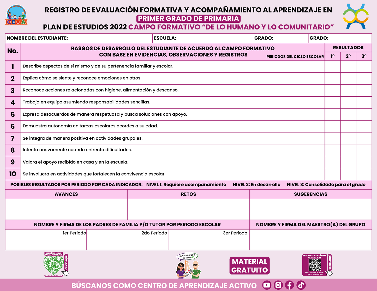 REGISTRO DE EVALUACIÓN FORMATIVA Y ACOMPAÑAMIENTO AL APRENDIZAJE EN PRIMER GRADO DE PRIMARIA en PDF