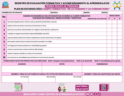 REGISTRO DE EVALUACIÓN FORMATIVA Y ACOMPAÑAMIENTO AL APRENDIZAJE EN PRIMER GRADO DE PRIMARIA en PDF