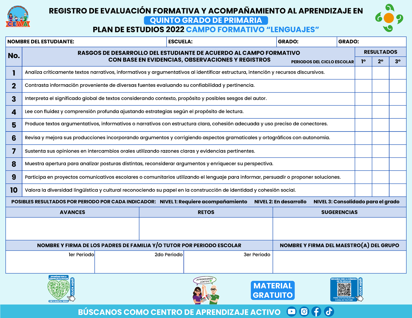 REGISTRO DE EVALUACIÓN FORMATIVA Y ACOMPAÑAMIENTO AL APRENDIZAJE EN QUINTO GRADO DE PRIMARIA en PDF
