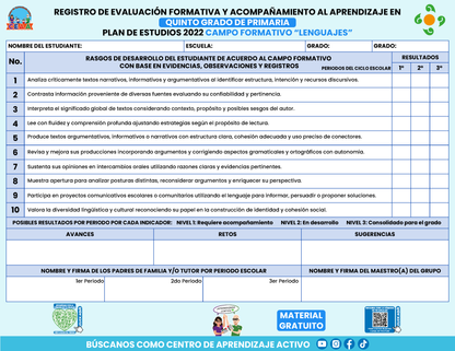 REGISTRO DE EVALUACIÓN FORMATIVA Y ACOMPAÑAMIENTO AL APRENDIZAJE EN QUINTO GRADO DE PRIMARIA en PDF