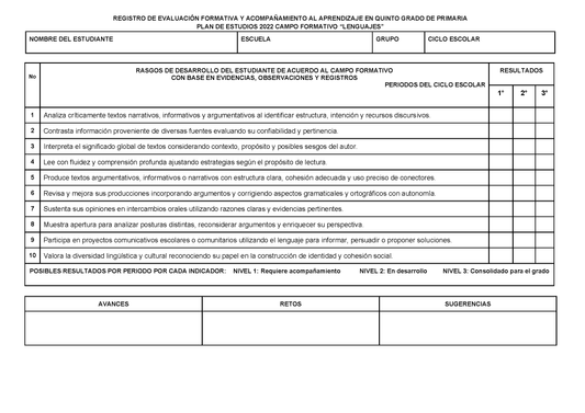 REGISTRO DE EVALUACIÓN FORMATIVA Y ACOMPAÑAMIENTO AL APRENDIZAJE EN QUINTO GRADO DE PRIMARIA (Editable en Word)