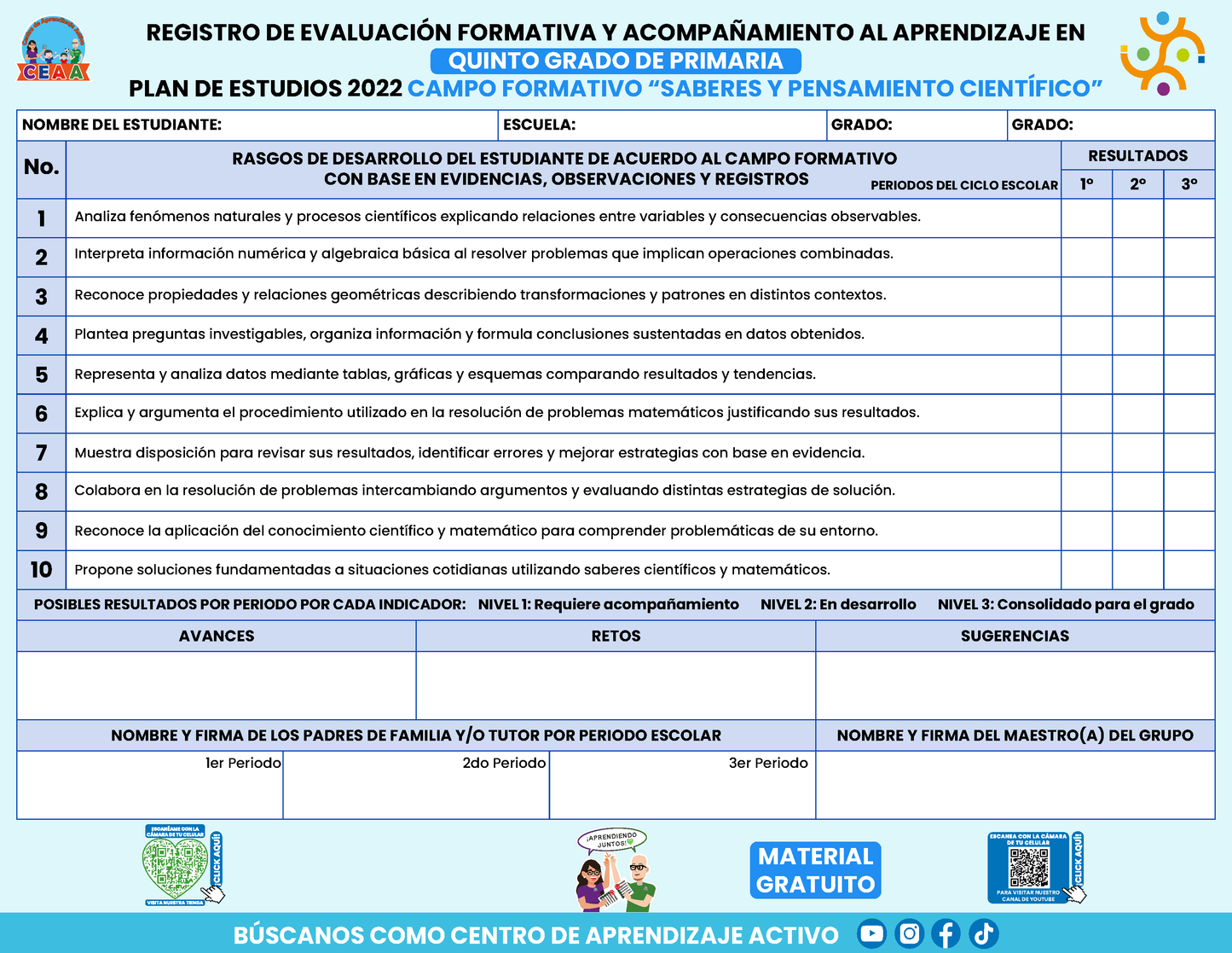 REGISTRO DE EVALUACIÓN FORMATIVA Y ACOMPAÑAMIENTO AL APRENDIZAJE EN QUINTO GRADO DE PRIMARIA En PDF