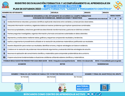 REGISTRO DE EVALUACIÓN FORMATIVA Y ACOMPAÑAMIENTO AL APRENDIZAJE EN QUINTO GRADO DE PRIMARIA En PDF