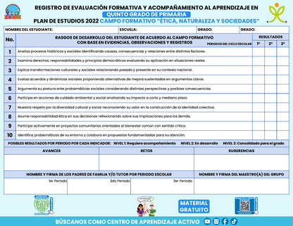 REGISTRO DE EVALUACIÓN FORMATIVA Y ACOMPAÑAMIENTO AL APRENDIZAJE EN QUINTO GRADO DE PRIMARIA en PDF