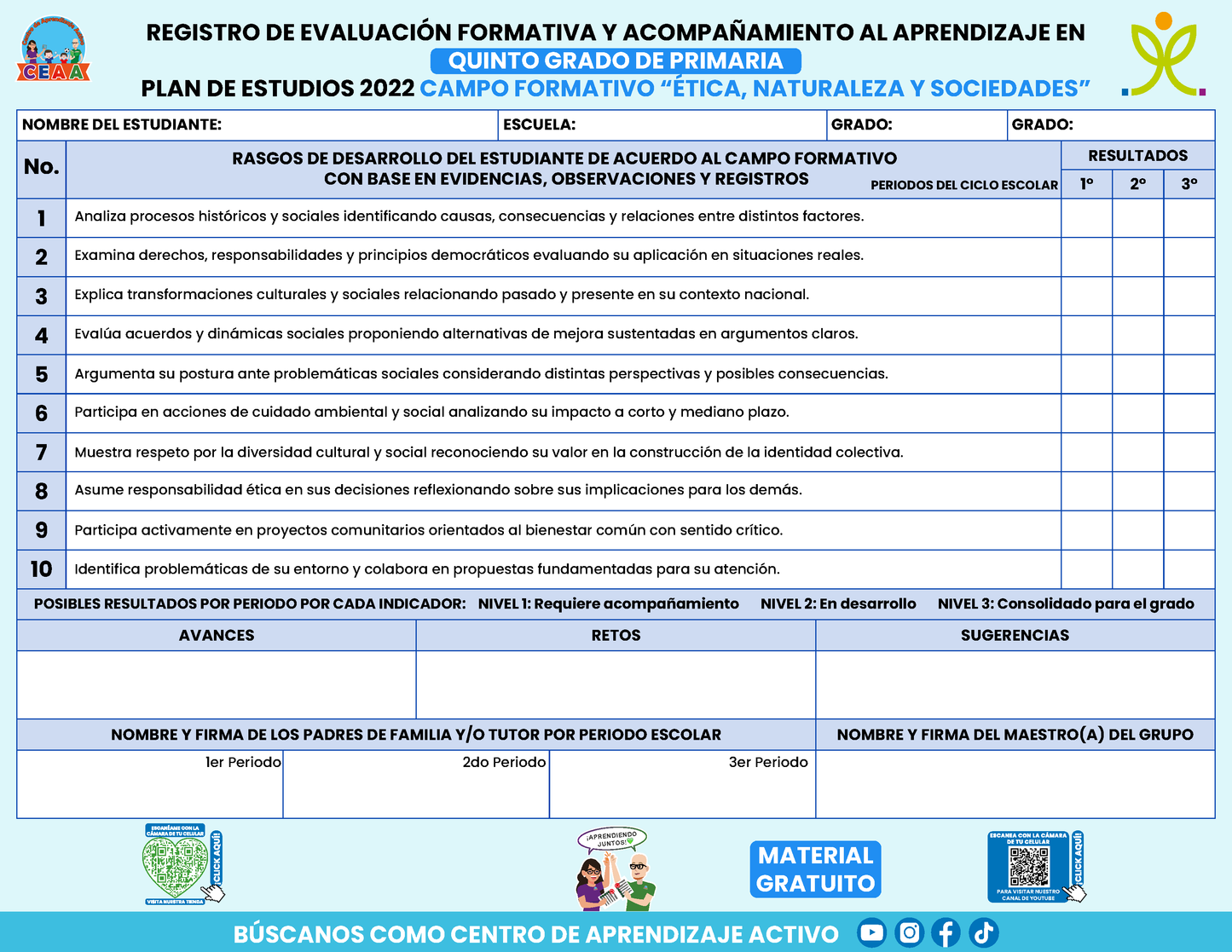 REGISTRO DE EVALUACIÓN FORMATIVA Y ACOMPAÑAMIENTO AL APRENDIZAJE EN QUINTO GRADO DE PRIMARIA En PDF