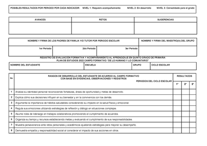REGISTRO DE EVALUACIÓN FORMATIVA Y ACOMPAÑAMIENTO AL APRENDIZAJE EN QUINTO GRADO DE PRIMARIA (Editable en Word)