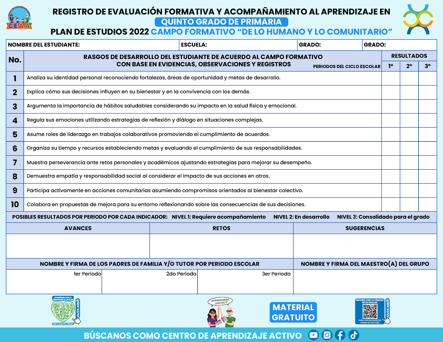 REGISTRO DE EVALUACIÓN FORMATIVA Y ACOMPAÑAMIENTO AL APRENDIZAJE EN QUINTO GRADO DE PRIMARIA en PDF