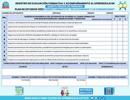 REGISTRO DE EVALUACIÓN FORMATIVA Y ACOMPAÑAMIENTO AL APRENDIZAJE EN QUINTO GRADO DE PRIMARIA En PDF