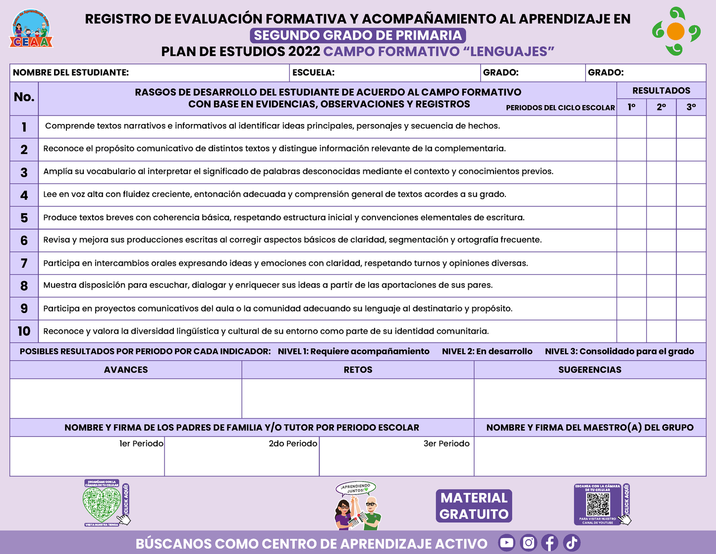 REGISTRO DE EVALUACIÓN FORMATIVA Y ACOMPAÑAMIENTO AL APRENDIZAJE EN SEGUNDO GRADO DE PRIMARIA en PDF