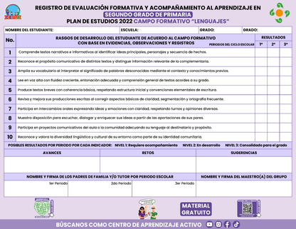 REGISTRO DE EVALUACIÓN FORMATIVA Y ACOMPAÑAMIENTO AL APRENDIZAJE EN SEGUNDO GRADO DE PRIMARIA en PDF
