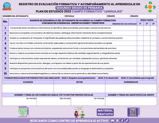 REGISTRO DE EVALUACIÓN FORMATIVA Y ACOMPAÑAMIENTO AL APRENDIZAJE EN SEGUNDO GRADO DE PRIMARIA en PDF