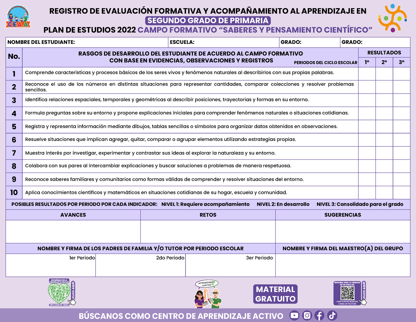 REGISTRO DE EVALUACIÓN FORMATIVA Y ACOMPAÑAMIENTO AL APRENDIZAJE EN SEGUNDO GRADO DE PRIMARIA en PDF