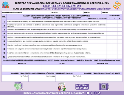 REGISTRO DE EVALUACIÓN FORMATIVA Y ACOMPAÑAMIENTO AL APRENDIZAJE EN SEGUNDO GRADO DE PRIMARIA en PDF