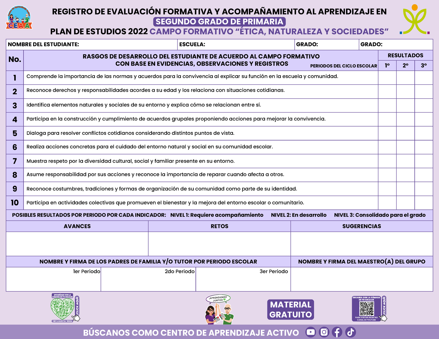 REGISTRO DE EVALUACIÓN FORMATIVA Y ACOMPAÑAMIENTO AL APRENDIZAJE EN SEGUNDO GRADO DE PRIMARIA en PDF
