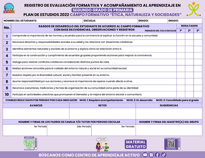 REGISTRO DE EVALUACIÓN FORMATIVA Y ACOMPAÑAMIENTO AL APRENDIZAJE EN SEGUNDO GRADO DE PRIMARIA en PDF