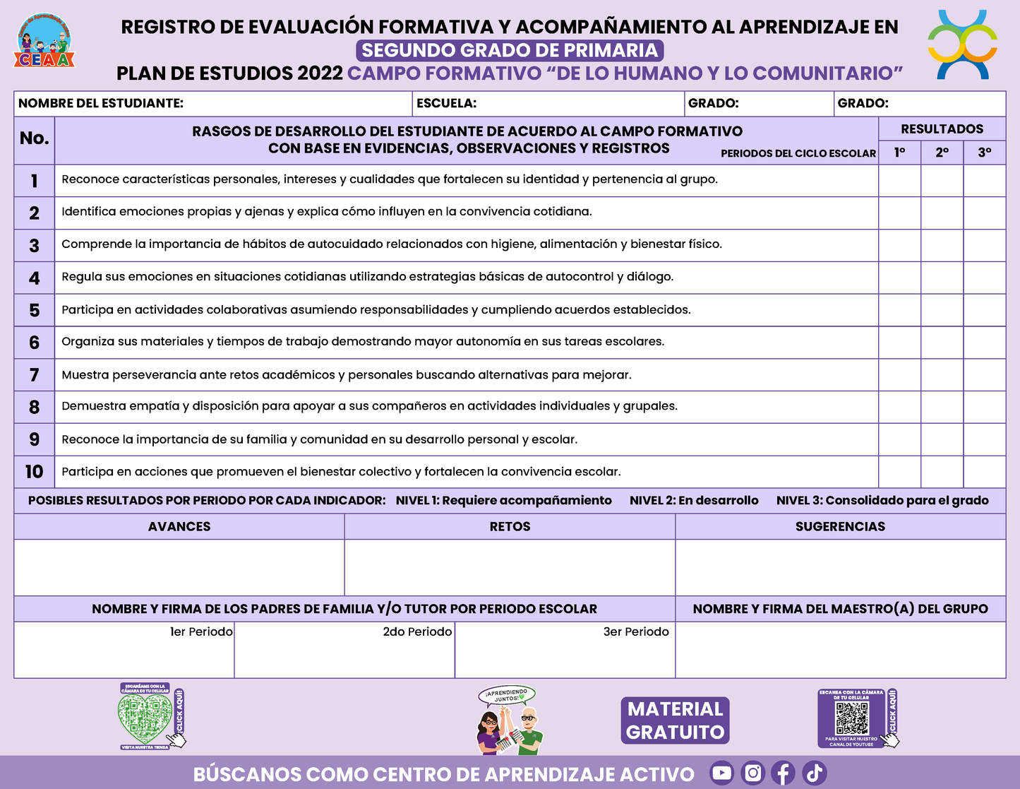 REGISTRO DE EVALUACIÓN FORMATIVA Y ACOMPAÑAMIENTO AL APRENDIZAJE EN SEGUNDO GRADO DE PRIMARIA En PDF