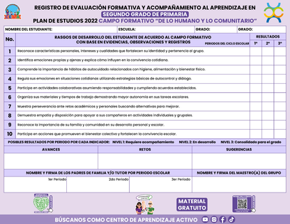 REGISTRO DE EVALUACIÓN FORMATIVA Y ACOMPAÑAMIENTO AL APRENDIZAJE EN SEGUNDO GRADO DE PRIMARIA En PDF