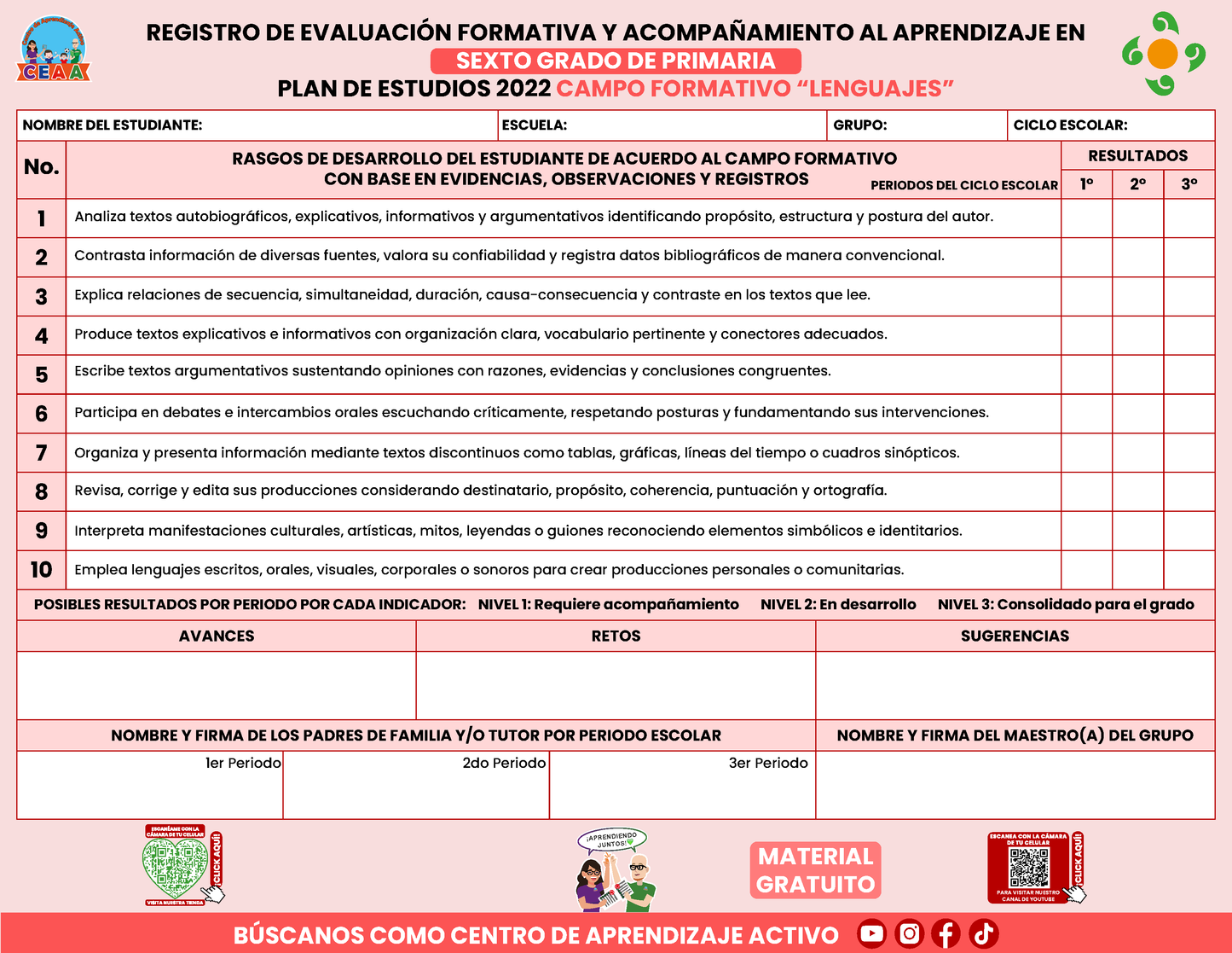 REGISTRO DE EVALUACIÓN FORMATIVA Y ACOMPAÑAMIENTO AL APRENDIZAJE EN SEXTO GRADO DE PRIMARIA En PDF