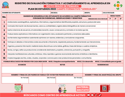 REGISTRO DE EVALUACIÓN FORMATIVA Y ACOMPAÑAMIENTO AL APRENDIZAJE EN SEXTO GRADO DE PRIMARIA En PDF
