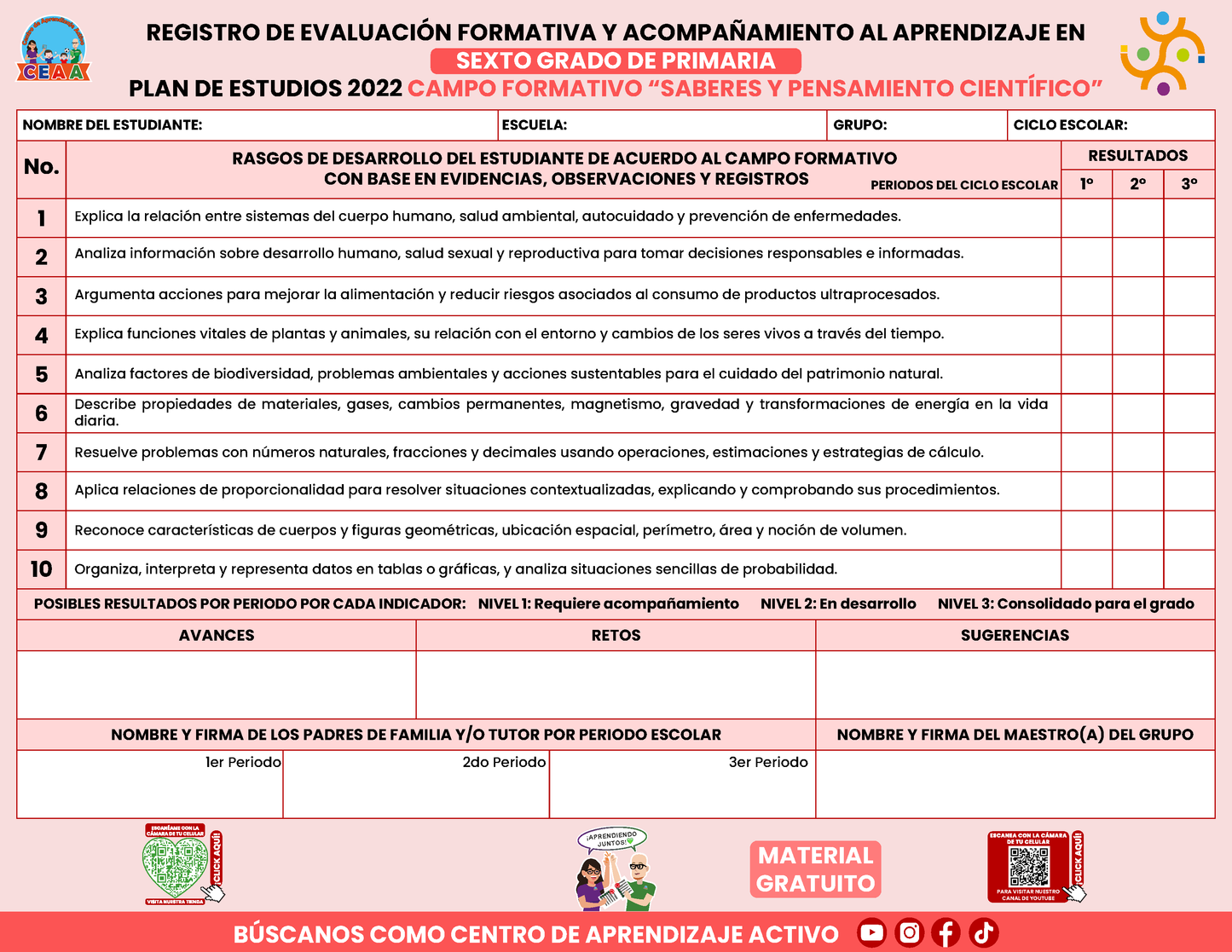 REGISTRO DE EVALUACIÓN FORMATIVA Y ACOMPAÑAMIENTO AL APRENDIZAJE EN SEXTO GRADO DE PRIMARIA En PDF